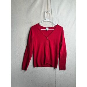 Shu Shu Red Full Zip V-Neck Cardigan Sweater Womens Medium Cotton Blend 8796